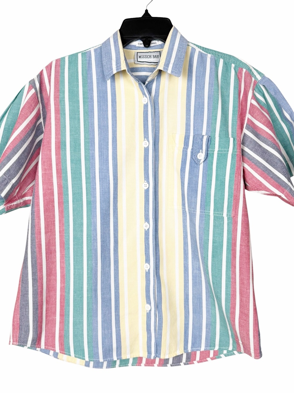 Vintage 90s Mission Bay Button Up Size Medium Rainbow Stripe Cotton Shirt Preppy